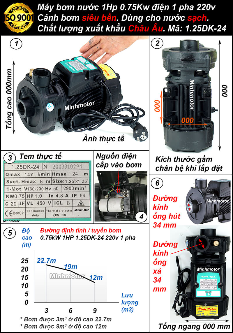 Máy bơm 1 Hp điện 1 pha 220v mã 1.25DK-24